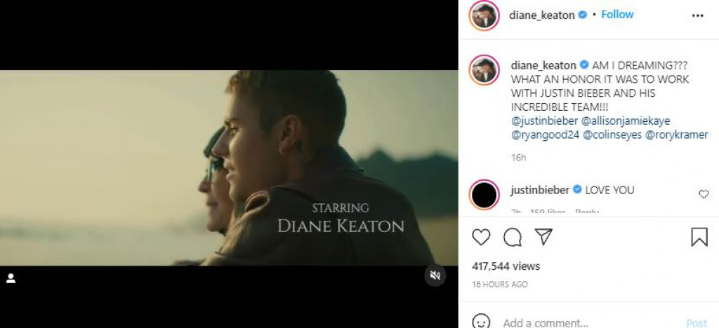 What Diane Keaton Said About Justin Bieber After Starring in His 'Ghost'  Music Video